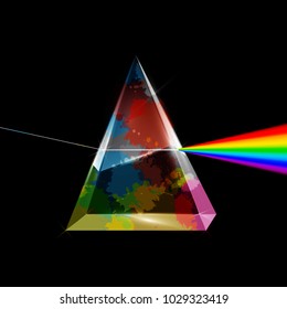 Transparent Prism with Colorful Splashes on Dark Background. Vector Spectrum Abstract Illustration.