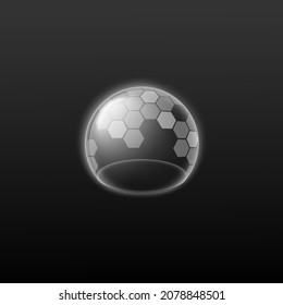 Transparent protection bubble shield, force energy field, glowing sphere or safety barrier with pattern. Icon for futuristic design, computer games or web. Vector 3d illustration