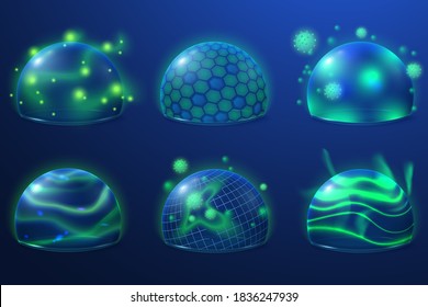 Transparent Protection. Safety Shield, Energy Bubbles For Protect. Security Fields With Grid Future, Abstract 3d Sphere Recent Vector