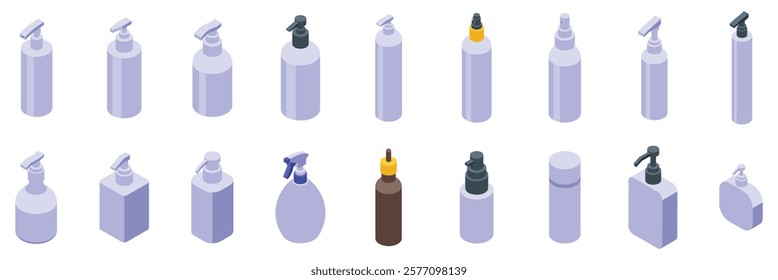 Transparent pump bottles icons set. Isometric dispenser pump bottles set presenting various shapes and sizes for hygiene, cleaning, and personal care products