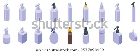 Transparent pump bottles icons set. Isometric dispenser pump bottles set presenting various shapes and sizes for hygiene, cleaning, and personal care products