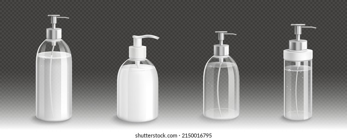 Transparent pump bottles for liquid soap, lotion or shampoo 3d vector mockup. Isolated glass or plastic containers, blank packages with dispenser for bath or toilet cosmetics, Realistic mock up set