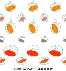Transparent pumpkin with colored spots seamless pattern. Vector illustration isolated on white background. Healthy vegetarian food. Doodle style. Decoration for greeting cards, posters, patches.