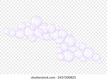 Transparent purple bubble. Soap bubble, crystal glass ball. Beauty product, moisture, skincare transparent bubbles top view, scatter splashes.