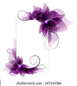 Transparent purple flowers on white background. Abstract floral card with place for text 