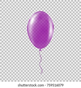 Transparent purple helium balloon. Isolated vector illustration on plaid transparent background. Birthday baloon flying for party, celebrations, buisness and design.