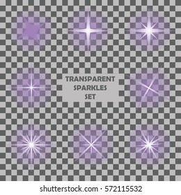 transparent purple sparkle effect set. glowing lights, stars, shine, bursts, flares. for decoration, party, disco, christmas, festival, cards, backgrounds