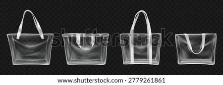 Transparent PVC tote bag mockups, realistic 3D clear plastic shopper bags with handles for retail branding, beach accessories, travel, fashion merchandise and promotion. Vector isolated set.