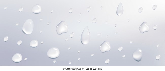 Gotas de lluvia transparentes que fluyen por el vidrio con textura de condensación realista.