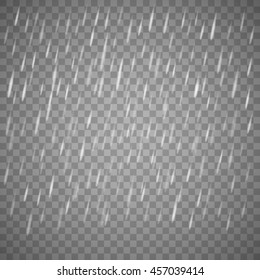 Transparent rain drops isolated grey background. Vector.