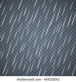 Transparent rain drops isolated on dark blue background. Vector.