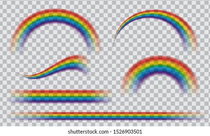 Transparent rainbow icon set. Multicoloured circular arcs and stripes isolated on transparent background. 