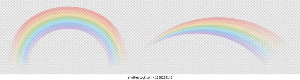 Transparent rainbow icons. Isolated realistic after rain sky background. Abstract wave of transparent rainbow. Colorful arch illustration. Wave layout of weather. Vector EPS 10