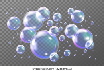 Transparent rainbow soap, 3d flying balls. Color water realistic objects isolated on black, blue circle air drops, glossy spheres. Shampoo foam. Vector reflection neoteric background