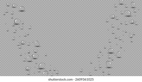 Transparent raindrops dripping down the glass.Realistic texture of wet condensation.Fresh water splash effect on the surface.Spreading liquid drops on transparent background. PNG