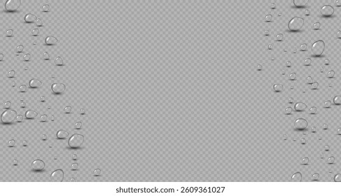 Transparent raindrops dripping down the glass.Realistic texture of wet condensation.Fresh water splash effect on the surface.Spreading liquid drops on transparent background. PNG