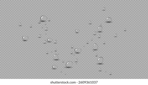 Transparent raindrops dripping down the glass.Realistic texture of wet condensation.Fresh water splash effect on the surface.Spreading liquid drops on transparent background. PNG