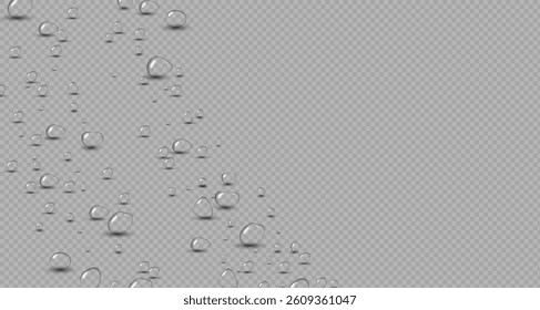 Transparent raindrops dripping down the glass.Realistic texture of wet condensation.Fresh water splash effect on the surface.Spreading liquid drops on transparent background. PNG