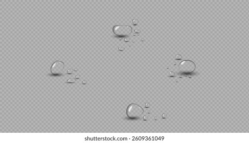 Transparent raindrops dripping down the glass.Realistic texture of wet condensation.Fresh water splash effect on the surface.Spreading liquid drops on transparent background. PNG