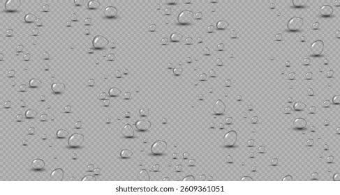 Transparent raindrops dripping down the glass.Realistic texture of wet condensation.Fresh water splash effect on the surface.Spreading liquid drops on transparent background. PNG