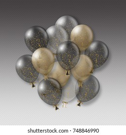 Transparent realistic balloons with confetti isolated. Party decorations for birthday, anniversary, celebration, wedding, event design. Vector illustration