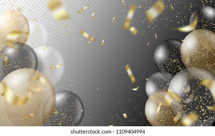 Transparent realistic balloons and golden confetti isolated on transparent background. Party decorations for birthday, anniversary, celebration, wedding, event design. Vector illustration.