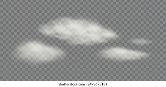 Transparent Realistic Cloud. Smoke effect. Steam transparent overlay, Smoky isolated element on transparent background. Chimney smoke with overlay effect. Clouds art or smoky air vector illustration