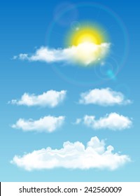 Transparent Realistic Clouds. Blue Sky With Sun And Clouds