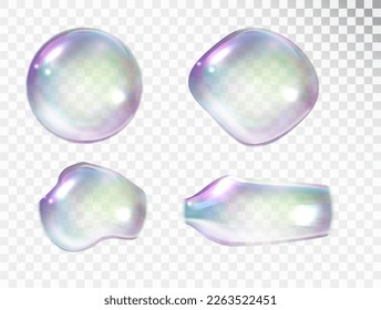 Las burbujas de jabón transparentes y realistas y coloridas forman aisladas en un fondo claro. Esferas de agua con aire, globos de jabón, harina, suds, jabones.