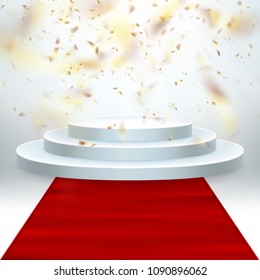 Transparent realistic effect golden shiny confetti flying. Red carpet and round podium with lights for event or award ceremony. EPS 10 vector file