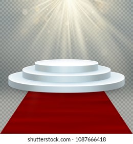 Transparent realistic effect. Red carpet and round podium with lights for event or award ceremony. EPS 10 vector file