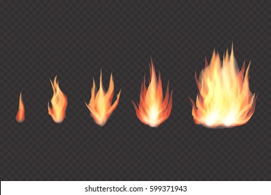 Transparent realistic fire flame, bonfire set