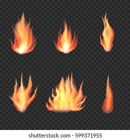 Transparent realistic fire flame, bonfire set