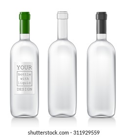 Transparent realistic glass bottles for wine. Set realistic patterns bottles are ready for your design. Mock Up Template Ready For Your Design. Isolated On White Background. Vector illustration