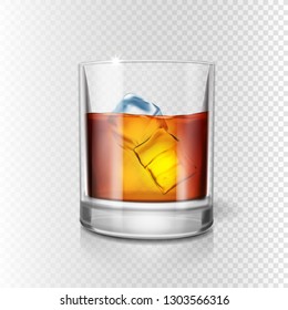 Transparent realistic glass of whiskey and ice isolated. Scotch in drinking glass illustration