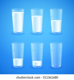 Transparent realistic glasses of milk on blue background, from full to half filled to empty, nutricious and organic, for breakfast