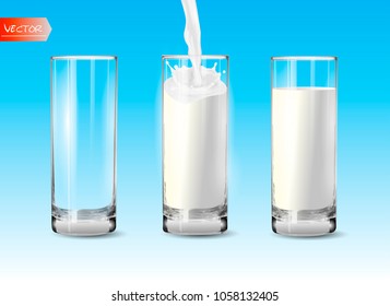 Transparent realistic transparent glasses, to pour milk splash, full and empty glass on a blue background. Vector illustration.