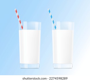 Transparent realistic glasses with red and blue straws. Vector illustration on gradient background.  Easy to use for your design, advertising, promo and etc. EPS10. 