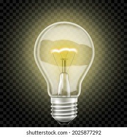 Transparent realistic glowing light bulb,realistic 3D vector, isolated on a transparent background. Electricity.