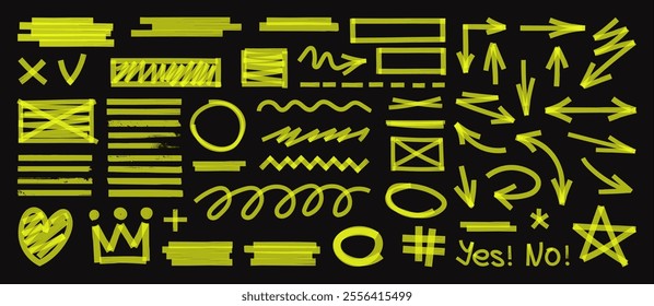 Transparent and realistic highlighters text selection, markers lines, underlines, arrows set, rounds, doodle and sketch elements in hand-drawn style. Highlighters and sketch graphic set. School board.