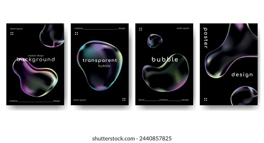 Transparent realistic iridescent bubble of different shapes.Glowing soap bubbles on black background