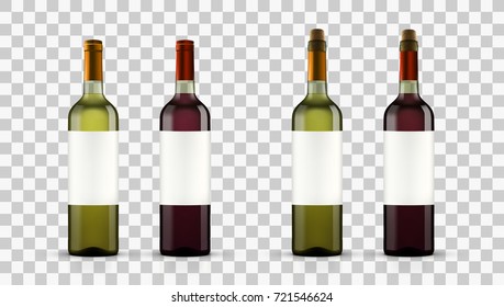 Transparent Realistic Open And Close Red And White Wine Bottles. EPS10 Vector