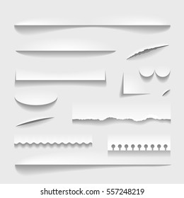 Transparent realistic paper shadow effect set. Perforated ripped torn jagged cut edges vector illustration