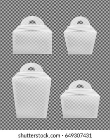 Transparent realistic plastic packaging with handle for sweets and gifts.