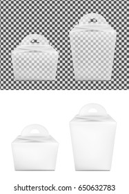 Transparent realistic plastic packaging with handle for sweets and gifts.