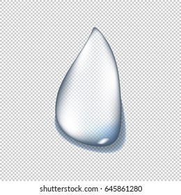 Transparent realistic pure reflection water drop with shadow on gray background. Vector illustration