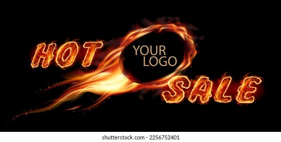 Transparent realistic round  fire flame frame with burning text. Hot sale fire  text for your business banners