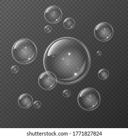 Transparent realistic set of soap bubbles. Aqua clear  white spheres blowing air foam bubble shampoo soap bubbling shiny  3d isolated texture.