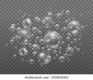 Transparent, realistic soap bubbles. Transparent water bubbles. Shampoo, foam. White transparent glass sphere glass or ball, shiny bubble glossy.