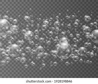 Transparent, realistic soap bubbles. Transparent water bubbles. Shampoo, foam. White transparent glass sphere glass or ball, shiny bubble glossy.